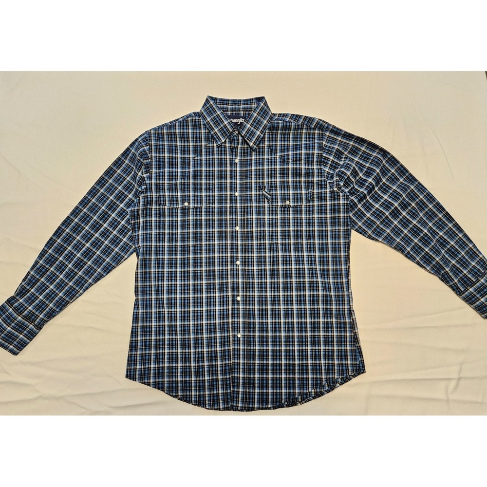 Wrangler Men's L Blue Brown Plaid Button Up Shirt Long Sleeve